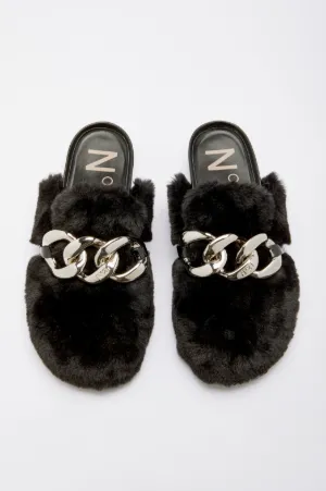 Chunky Chain-Embellished Eco-Fur Slides