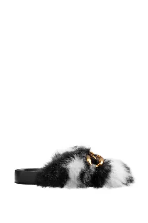 Chunky Chain-Embellished Eco Zebra-Stripe Fur Slides