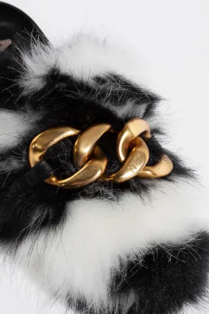 Chunky Chain-Embellished Eco Zebra-Stripe Fur Slides