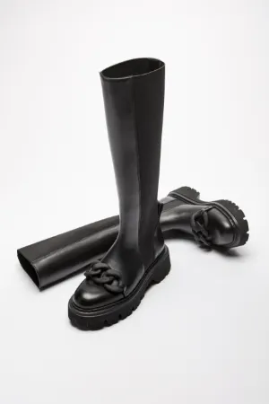 Chunky Chain-Embellished Knee-High Boots
