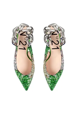 Chunky Chain-Embellished Sequin Slingback Pumps