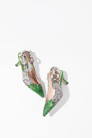 Chunky Chain-Embellished Sequin Slingback Pumps