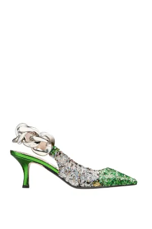 Chunky Chain-Embellished Sequin Slingback Pumps