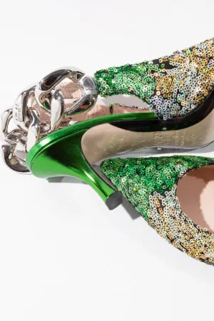 Chunky Chain-Embellished Sequin Slingback Pumps