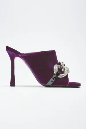 Chunky Chain-Embellished Velvet Mules