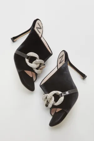 Chunky Chain-Embellished Velvet Mules