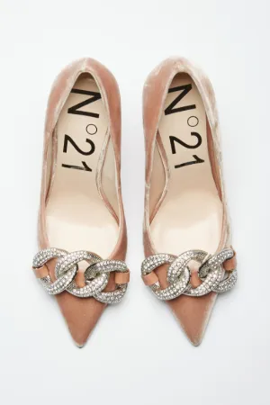 Chunky Chain-Embellished Velvet Pumps