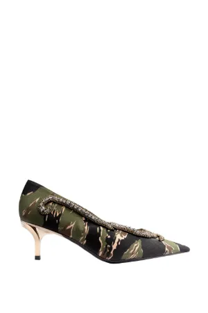 Crystal-Embellished Camouflage-Print Kitten Heel Pumps