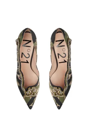 Crystal-Embellished Camouflage-Print Kitten Heel Pumps