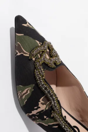 Crystal-Embellished Camouflage-Print Kitten Heel Pumps