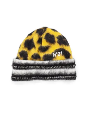 cyrstal-embellished leopard-jacquard beanie