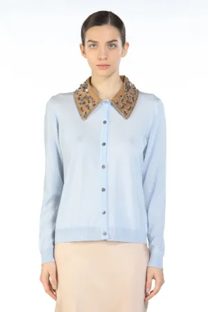 Embellished Contrast-Collar Cardigan