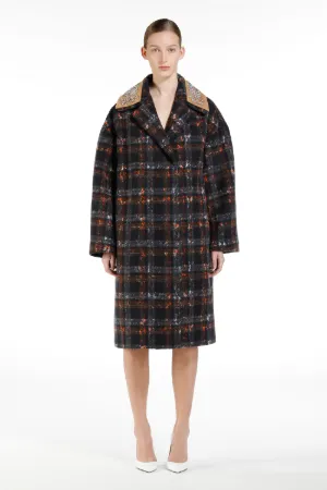 Embellished Lace-Print Checked Coat