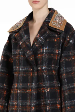 Embellished Lace-Print Checked Coat
