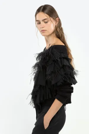 feather and ruffle-trim cotton-blend sweater