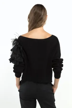 feather and ruffle-trim cotton-blend sweater