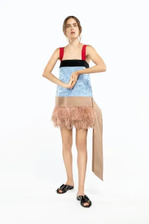 feather-embellished lace mini dress