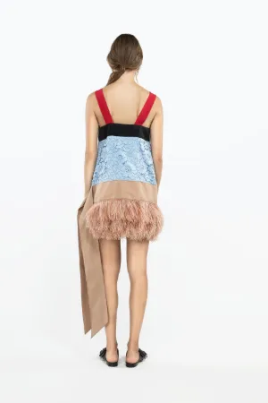feather-embellished lace mini dress