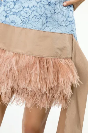 feather-embellished lace mini dress