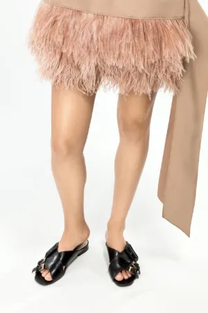 feather-embellished lace mini dress