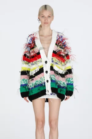 Feather-Embellished Striped Cardigan