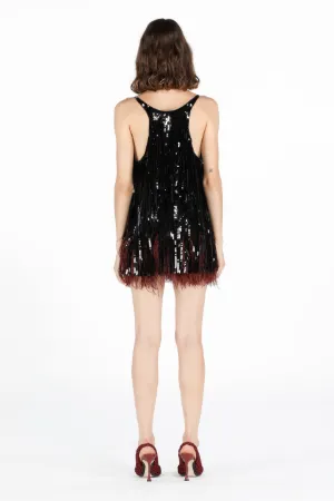 Feather-Trimmed Sequin Mini Dress