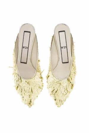 fringed sequin kitten heel mules