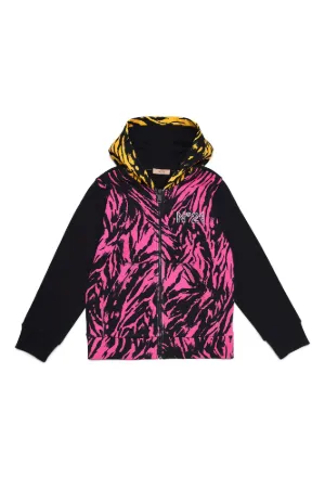 Colourblock Tiger-Print Zipped Hoodie