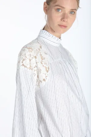 Lace-Insert Pinstripe Blouse