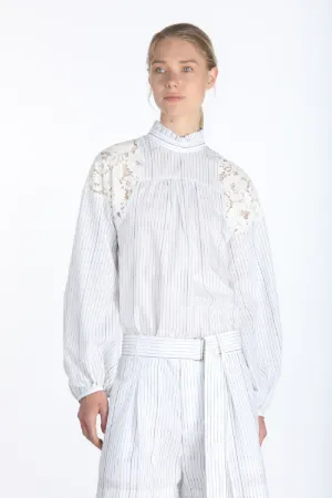 lace shoulders pinstriped blouse