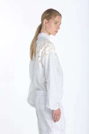 lace shoulders pinstriped blouse