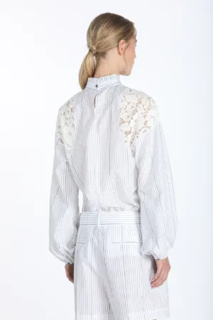 lace shoulders pinstriped blouse