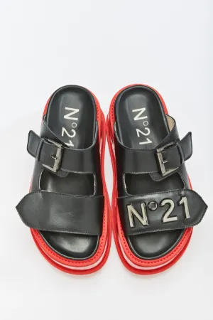 logo-plaque platform wedge sandals