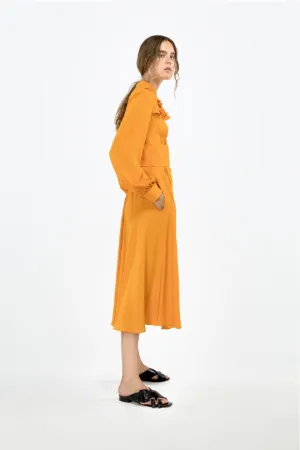 long-sleeve ruffled midi dress