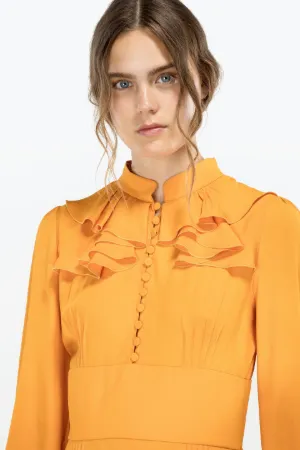long-sleeve ruffled midi dress