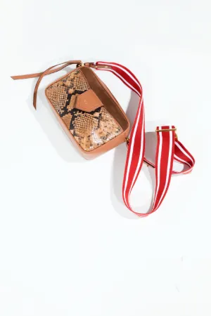python-print leather camera bag