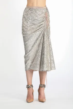ruched glittered midi skirt