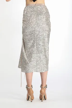 ruched glittered midi skirt