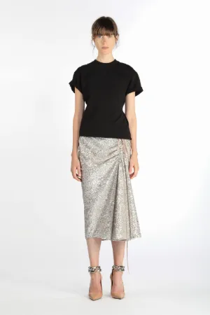 ruched glittered midi skirt