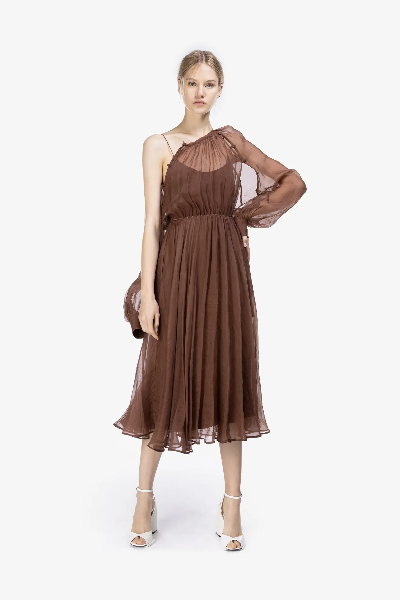 Sheer Bishop Sleeve Midi Dress in brown ...