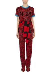 leopard print trousers with red stripe