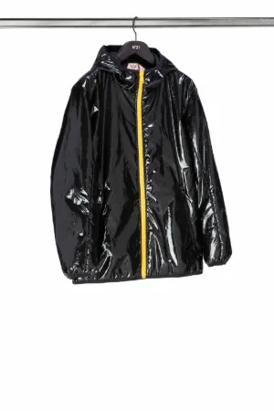 Vinyl-effect hooded logo jacket