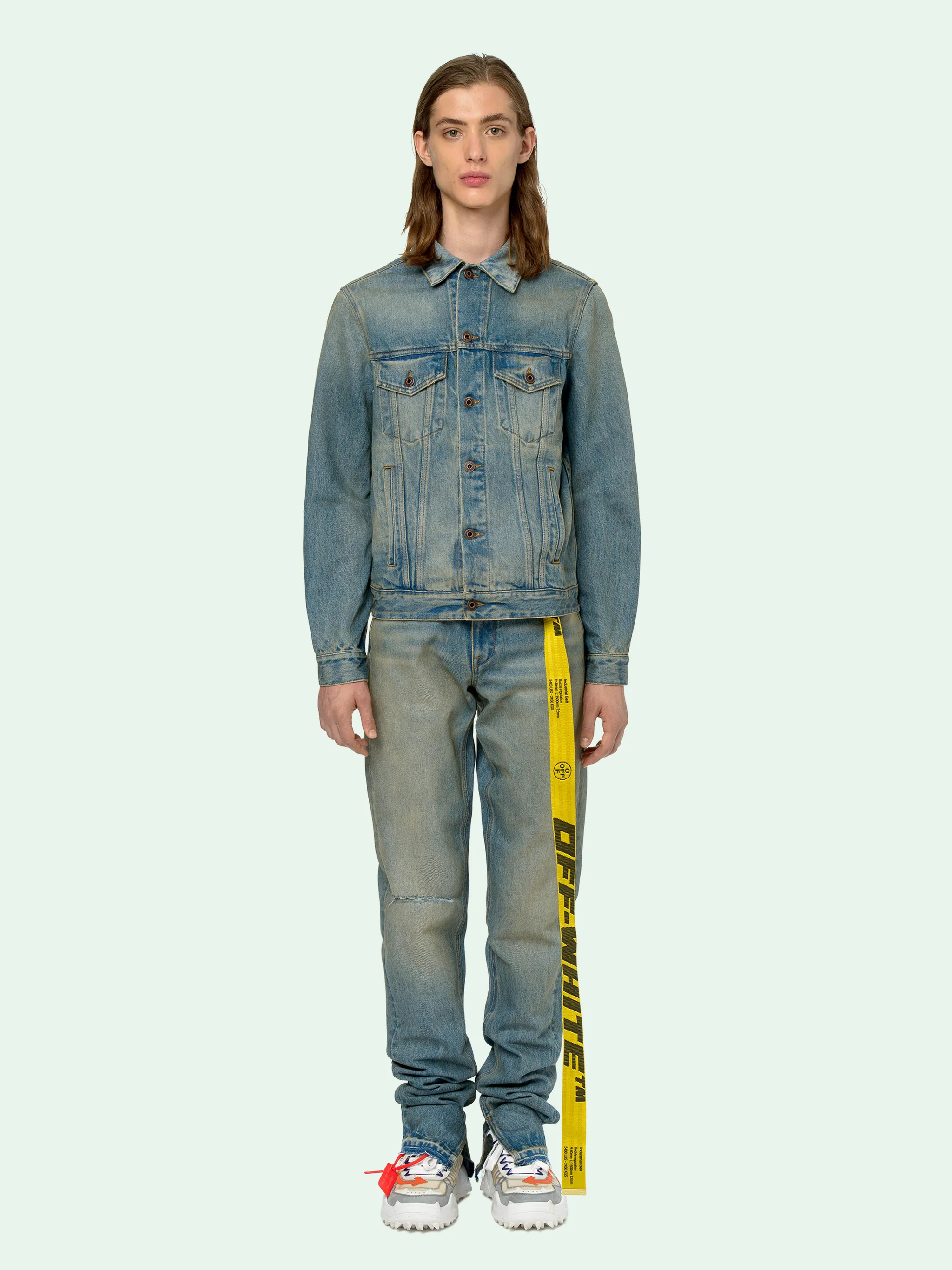 off white denim jacket yellow tape