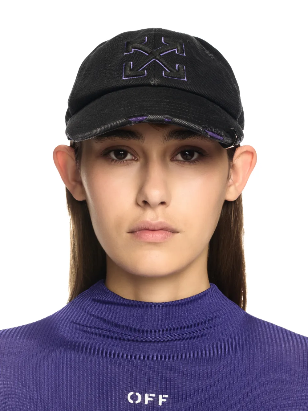 BLACK/PURPLE DISTRESSED DENIM BASEBALL CAP
