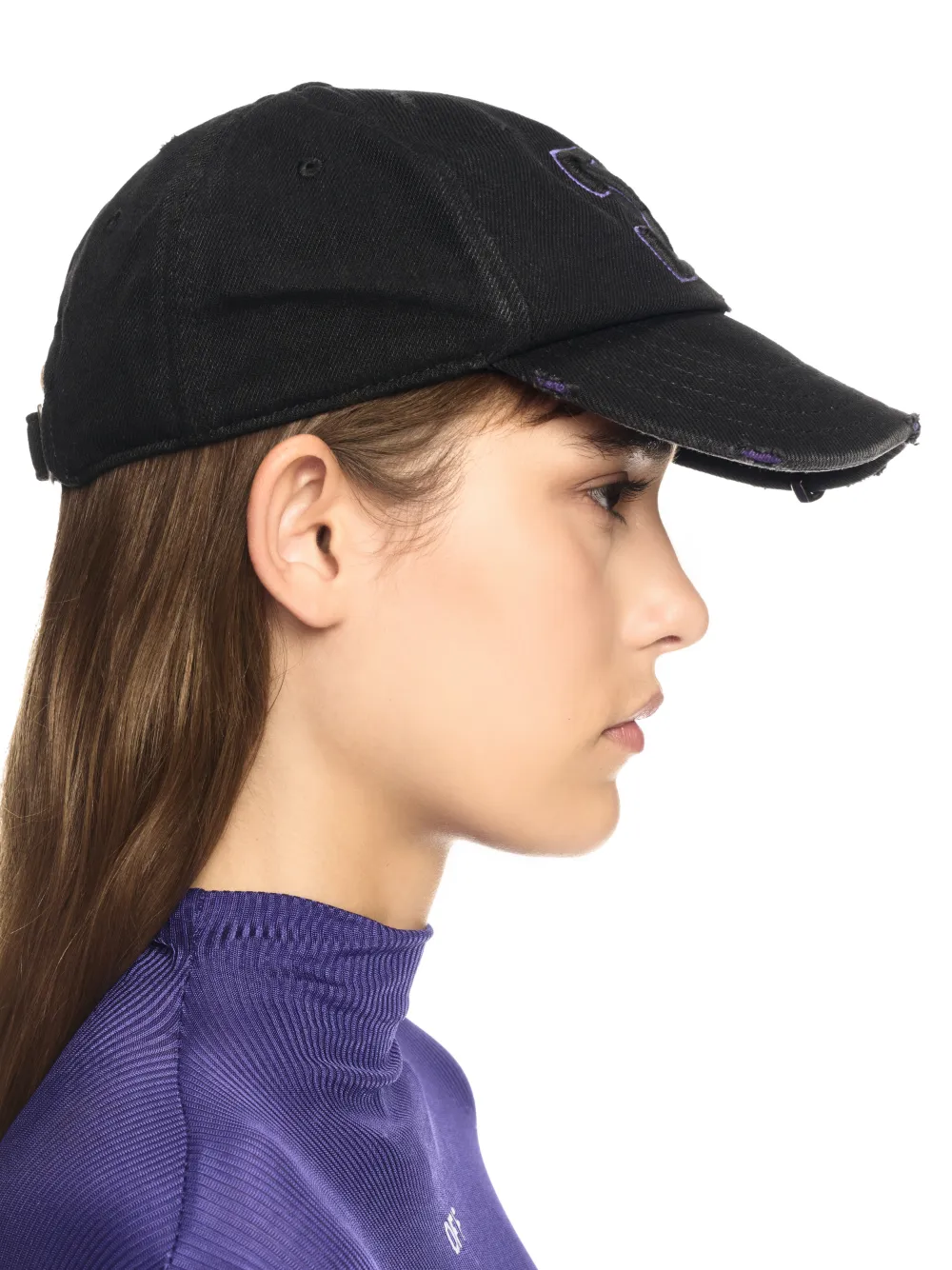 BLACK/PURPLE DISTRESSED DENIM BASEBALL CAP