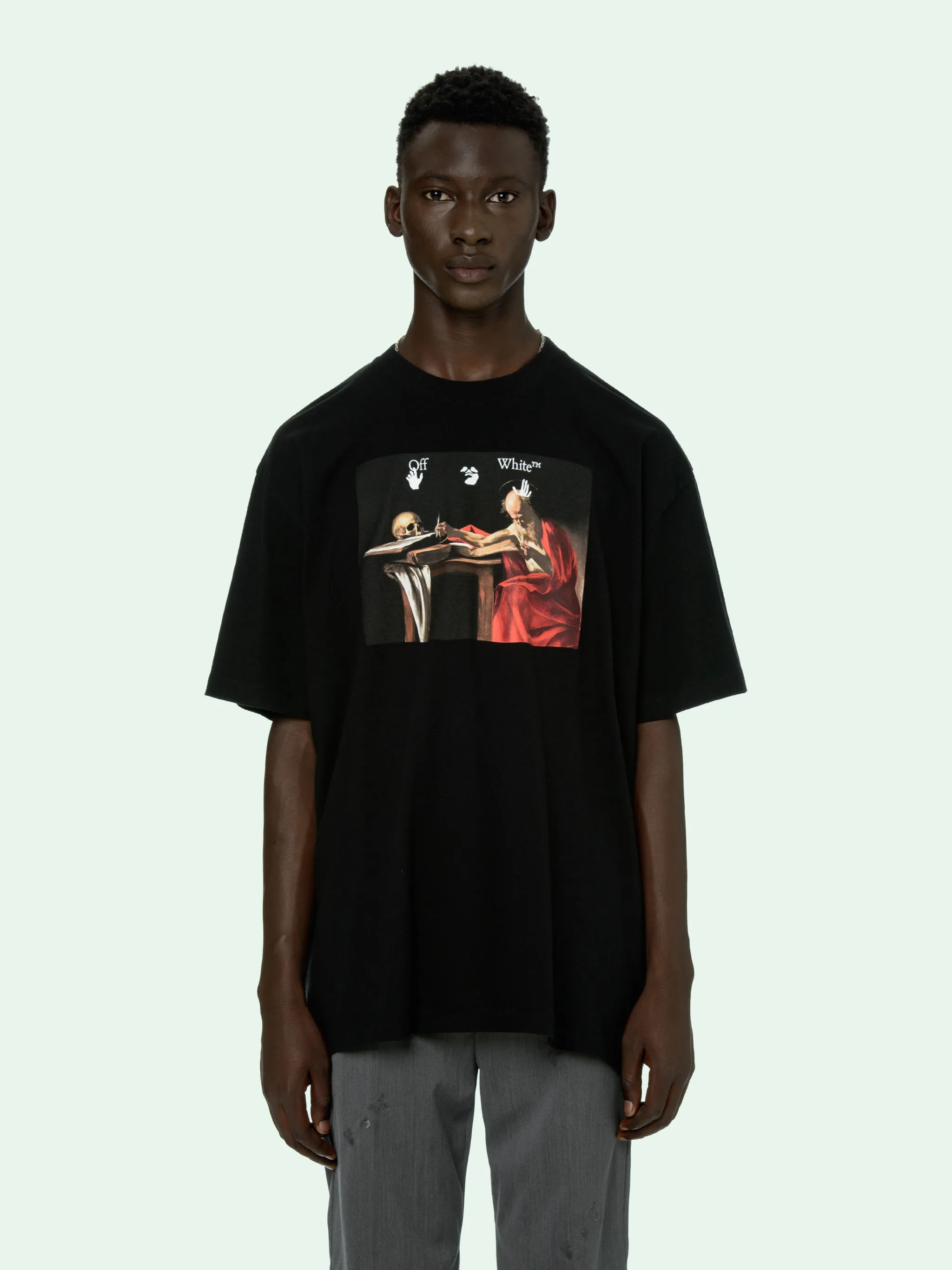 off white t shirt black and red