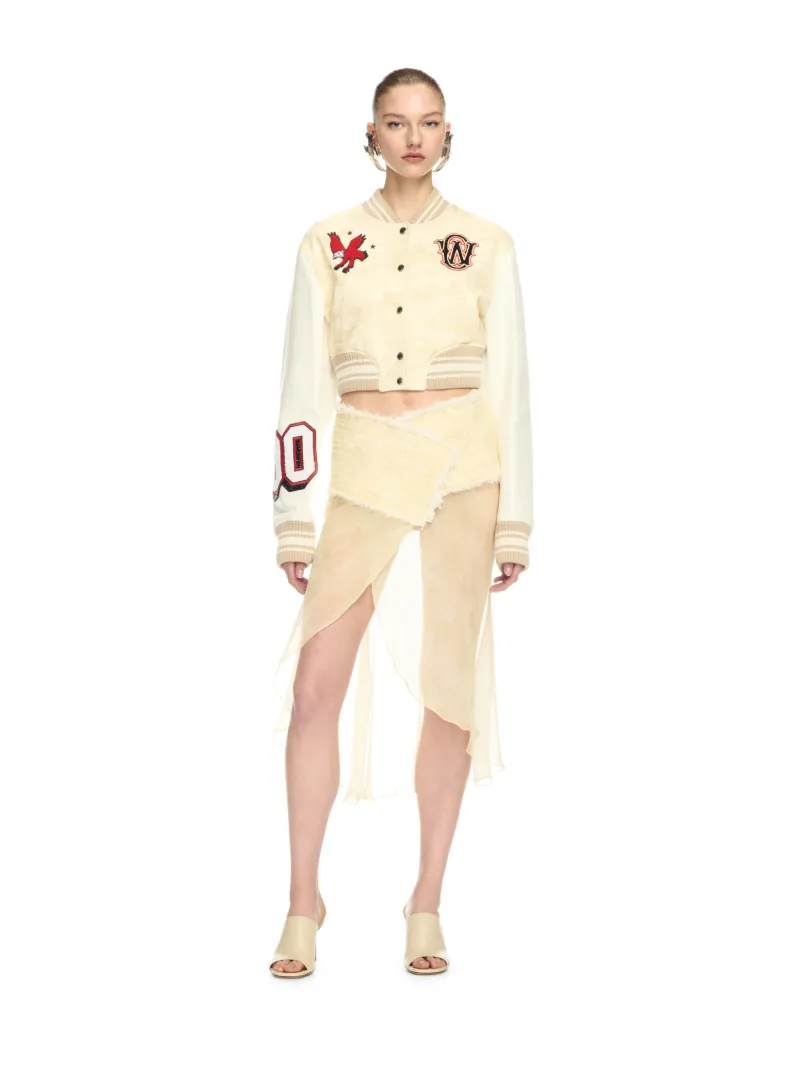 CREAM CAMO LEATHER CROPPED VARSITY JACKET