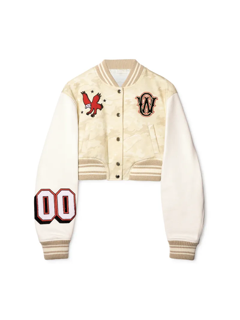 CREAM CAMO LEATHER CROPPED VARSITY JACKET