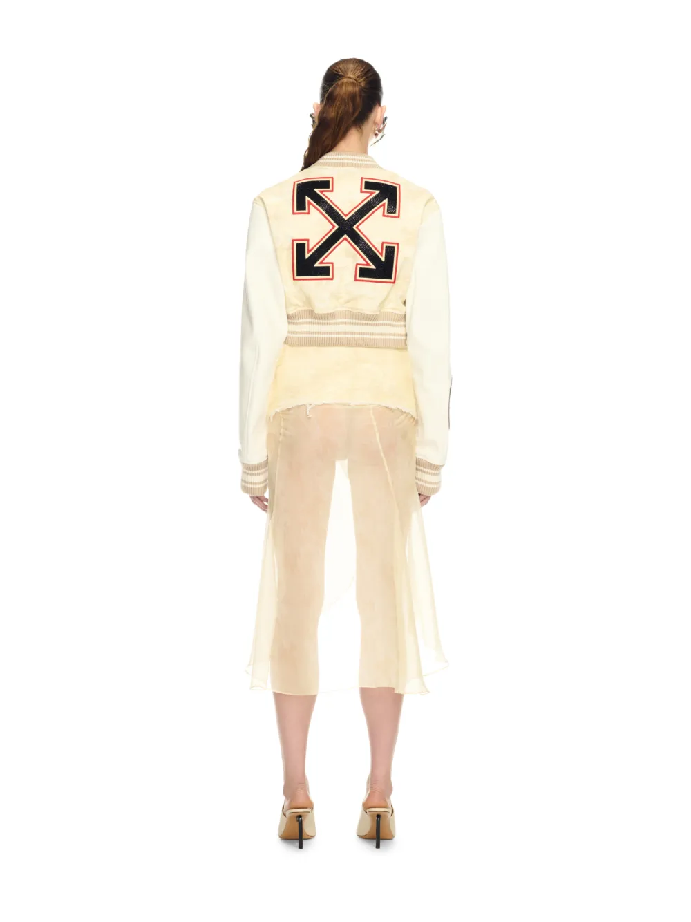 CREAM CAMO LEATHER CROPPED VARSITY JACKET