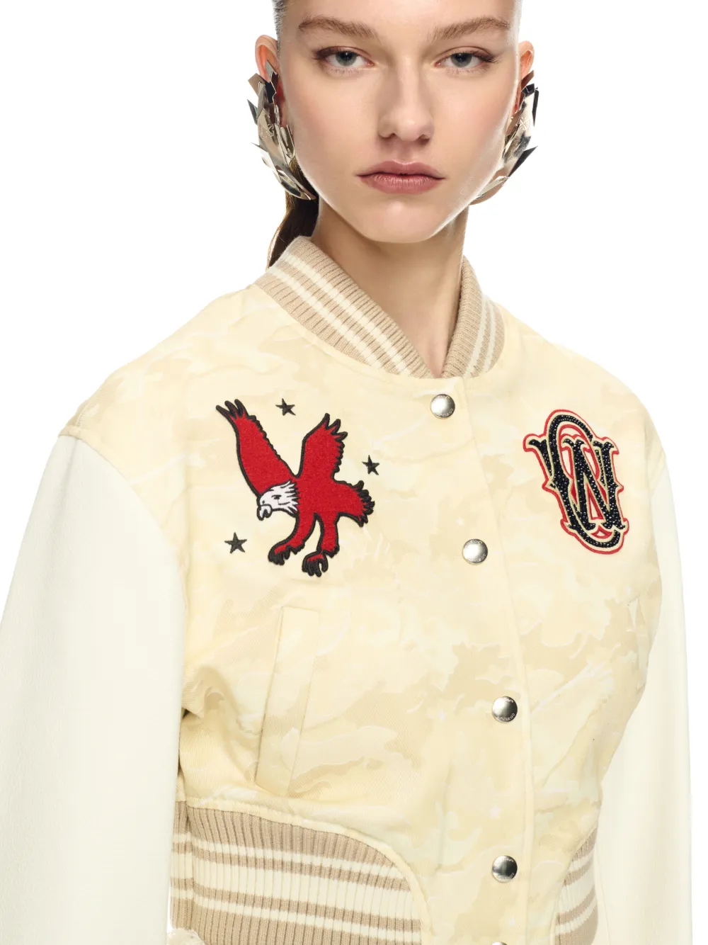 CREAM CAMO LEATHER CROPPED VARSITY JACKET